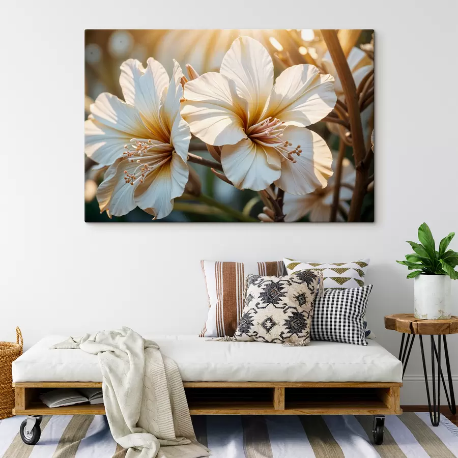 Pilt Valged ja oranžid hibiskiõied õitsevad pehme fookusega taustaga s40035