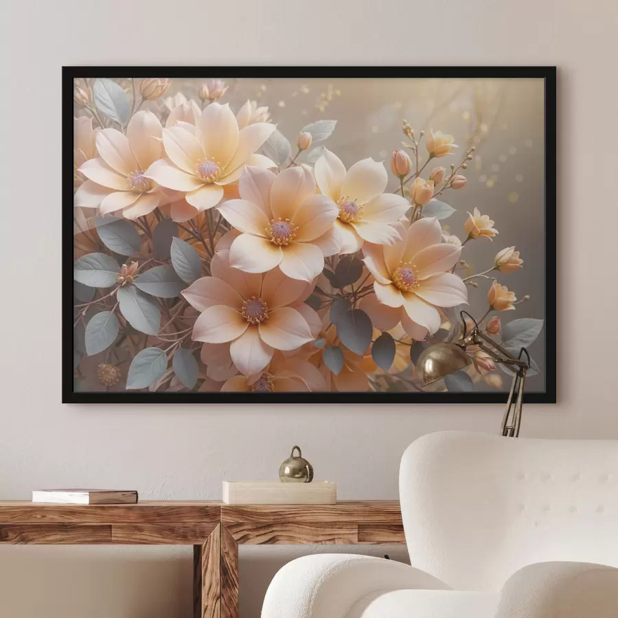 Fototapeedid Õrnad virsikuvärvi daaliaõied täies õitsengus, pehmete kroonlehtedega udusel taustal f40024