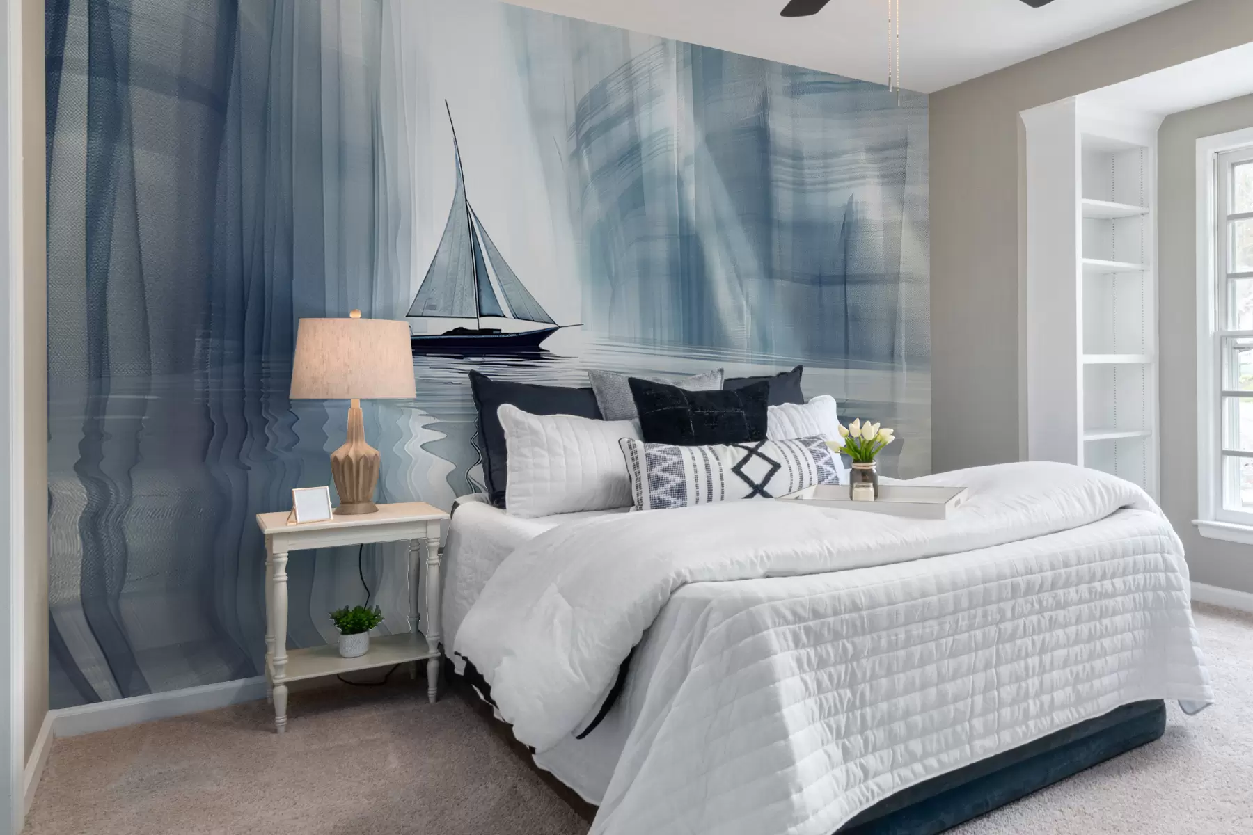 Fototapeedid Siniste värvidega futuristlikus stiilis paat vee peal w01338