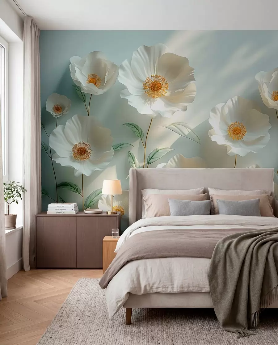 Fototapeedid Valged moonid vastu seina päikesevalguse ja 3D-efektiga w01339