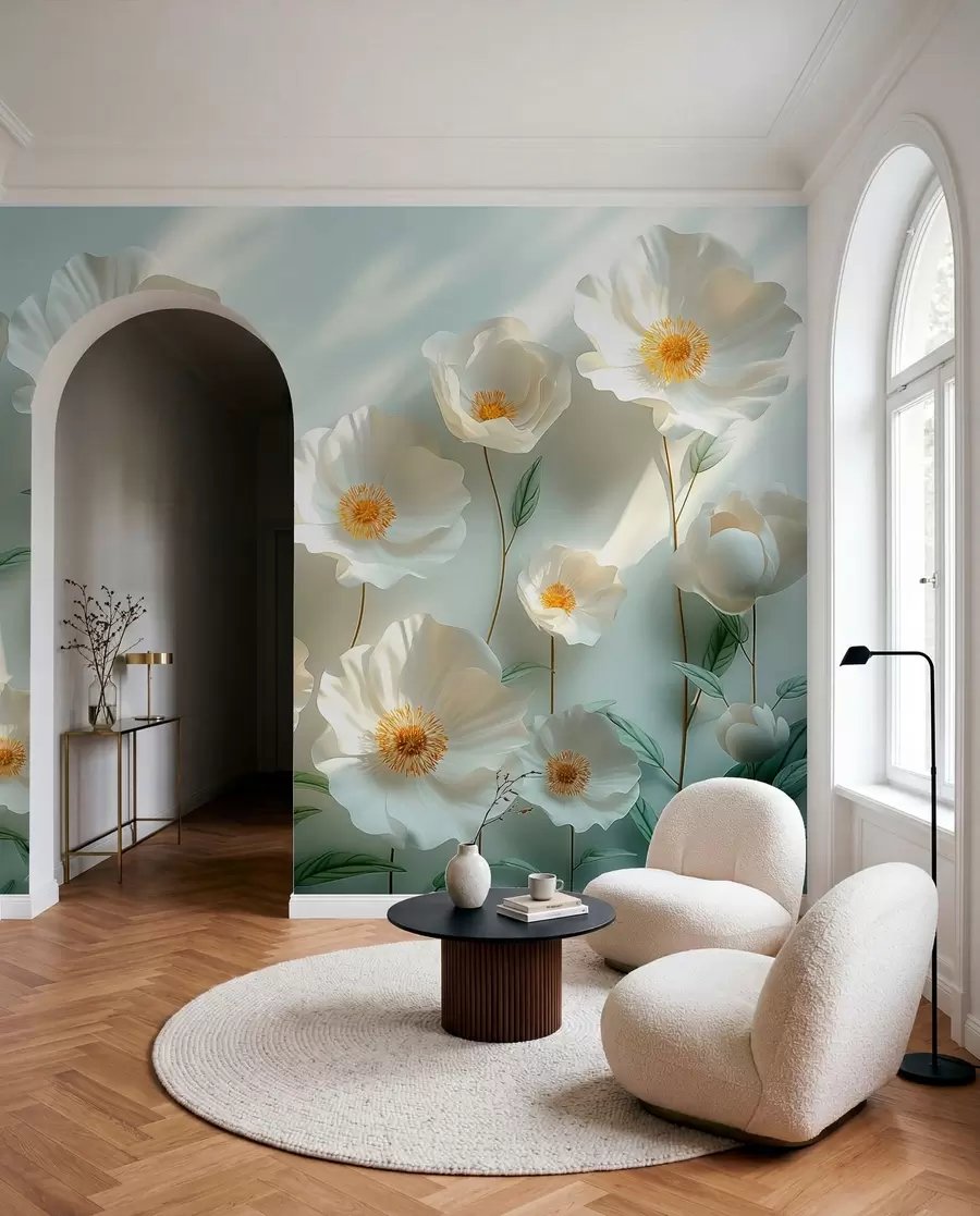 Fototapeedid Valged moonid vastu seina päikesevalguse ja 3D-efektiga w01339