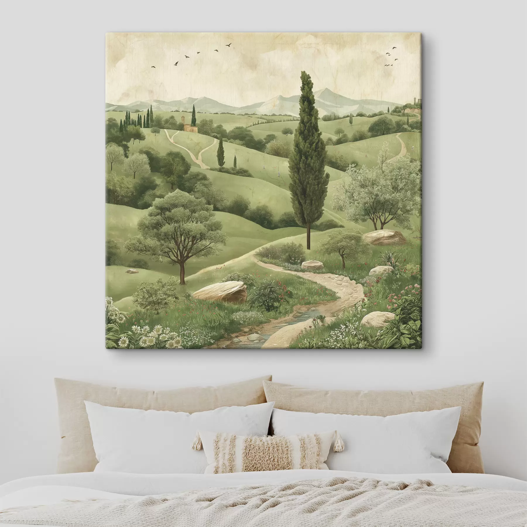 Pilt Toscana maastik, vintage stiil, pastelsed rohelised värvid, künkad ja puud s40075