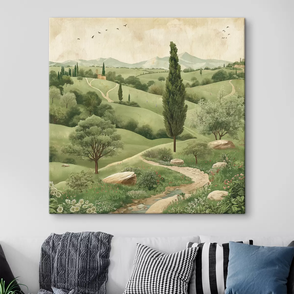 Pilt Toscana maastik, vintage stiil, pastelsed rohelised värvid, künkad ja puud s40075