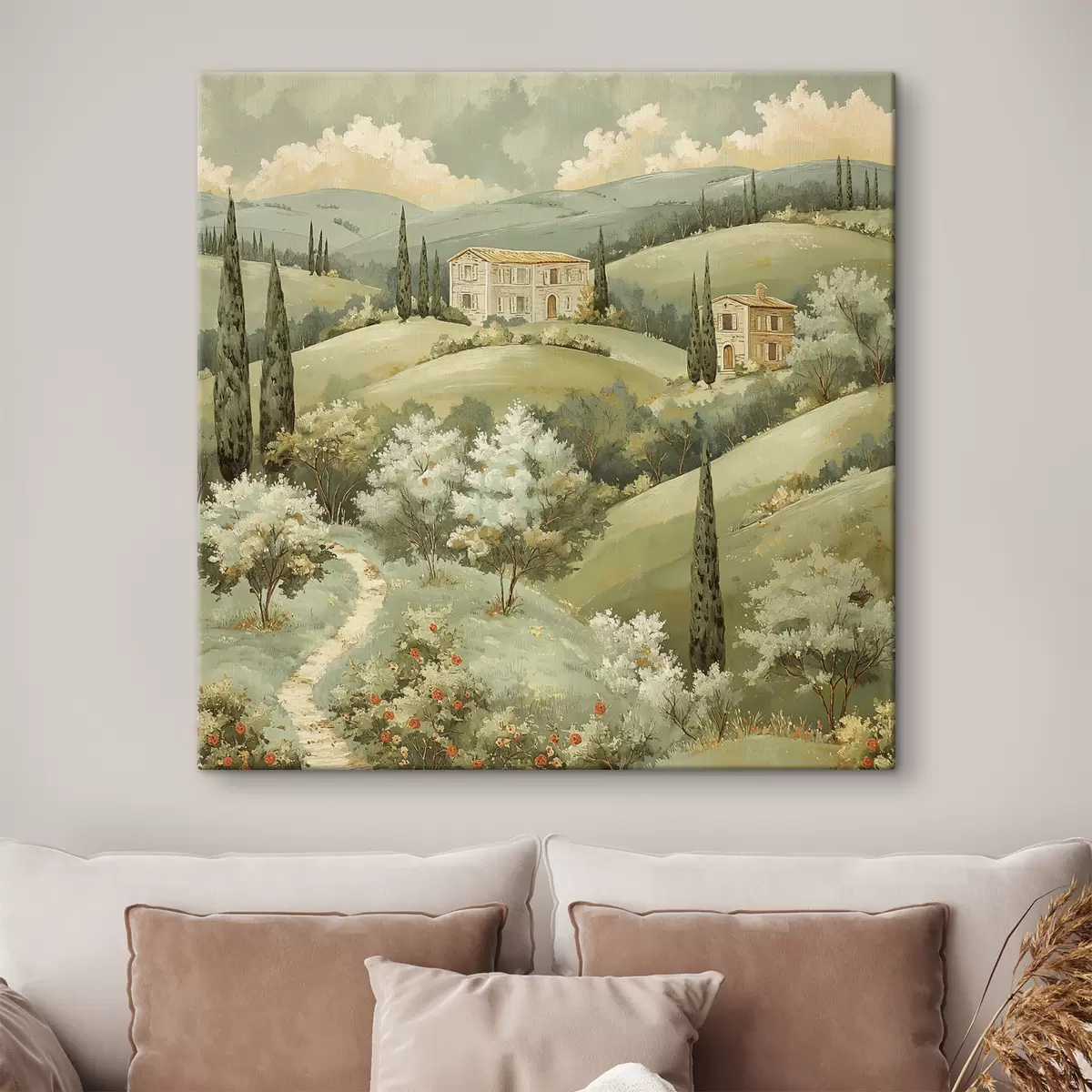 Pilt Maastik vintage majadega, pastellrohelised värvid, akrüüljoonistus, suvi s40078