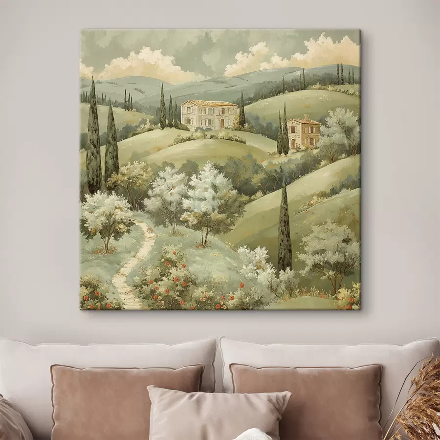 Fototapeedid Maastik vintage majadega, pastellrohelised värvid, akrüüljoonistus, suvi s40078