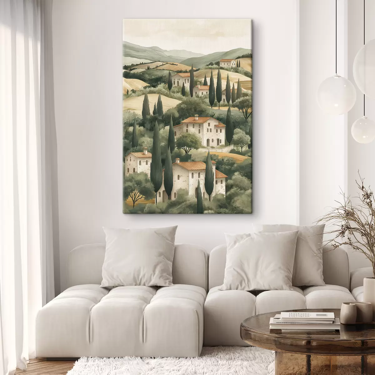 Pilt Toscana maastik vanaaegsete majade, pastellvärvide, küngaste ja puudega, maalähedane s40082