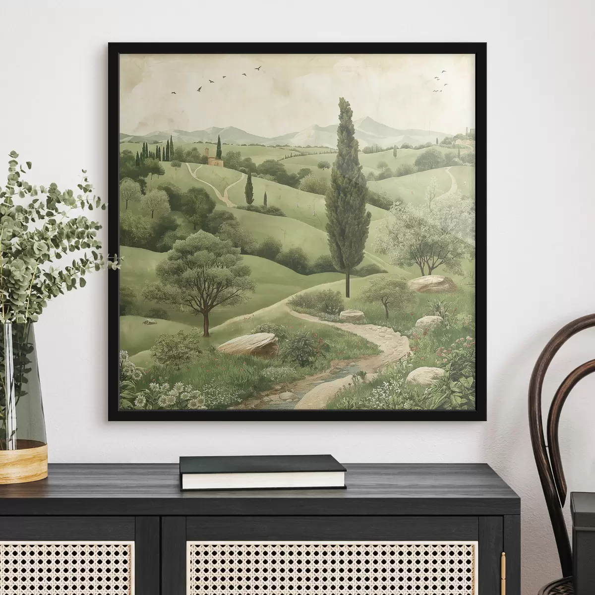 Plakat Toscana maastik, vintage stiil, pastelsed rohelised värvid, künkad ja puud f40075