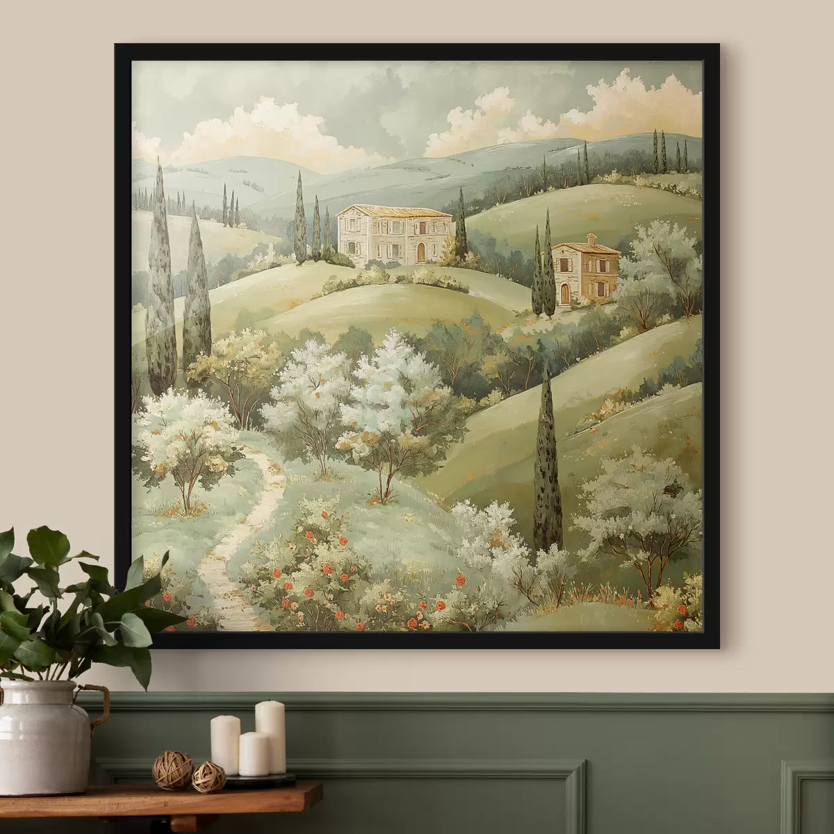 Plakat Maastik vintage majadega, pastellrohelised värvid, akrüüljoonistus, suvi f40078