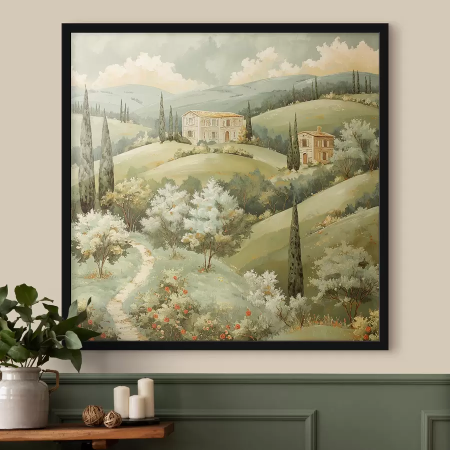 Fototapeedid Maastik vintage majadega, pastellrohelised värvid, akrüüljoonistus, suvi f40078