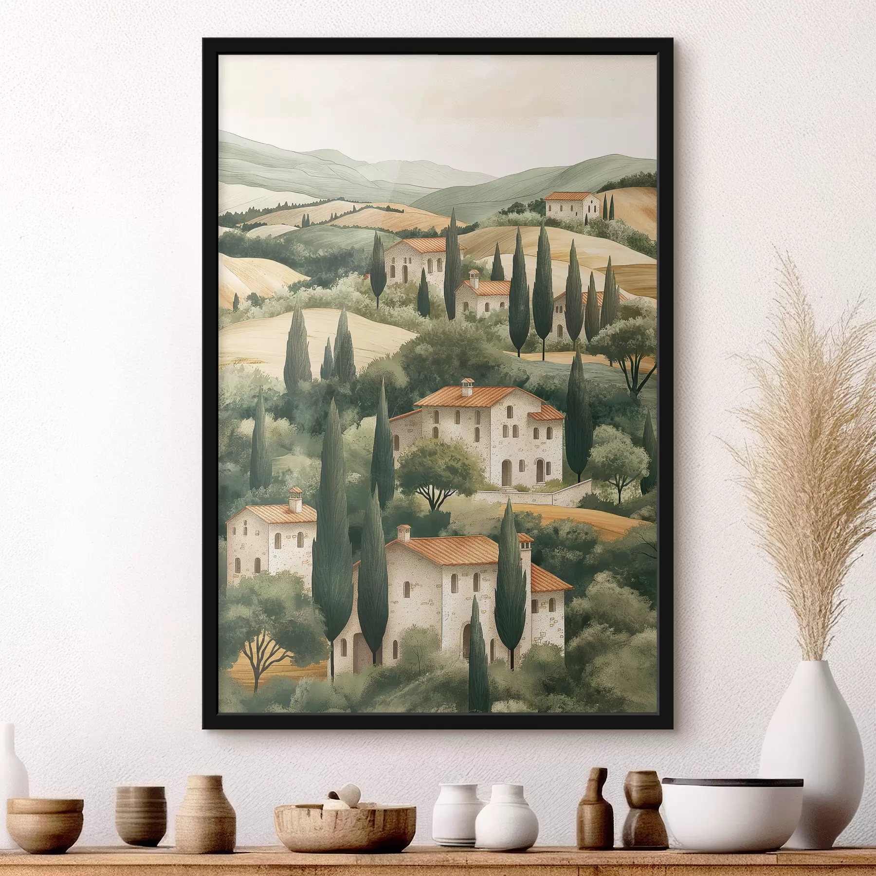Fototapeedid Toscana maastik vanaaegsete majade, pastellvärvide, küngaste ja puudega, maalähedane f40082
