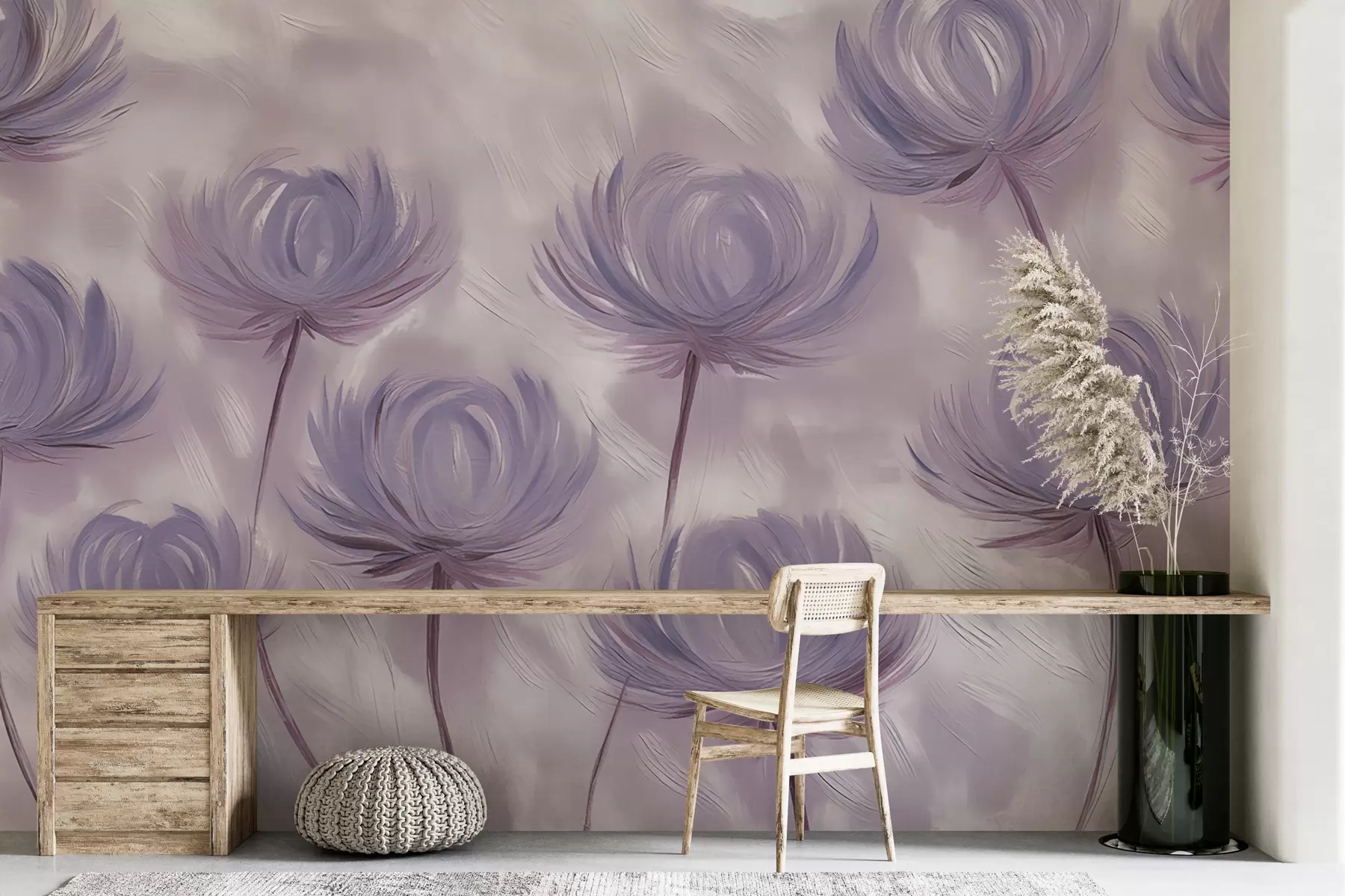 Fototapeedid purpursetes toonides abstraktsed kohevad maalitud lilled w01375