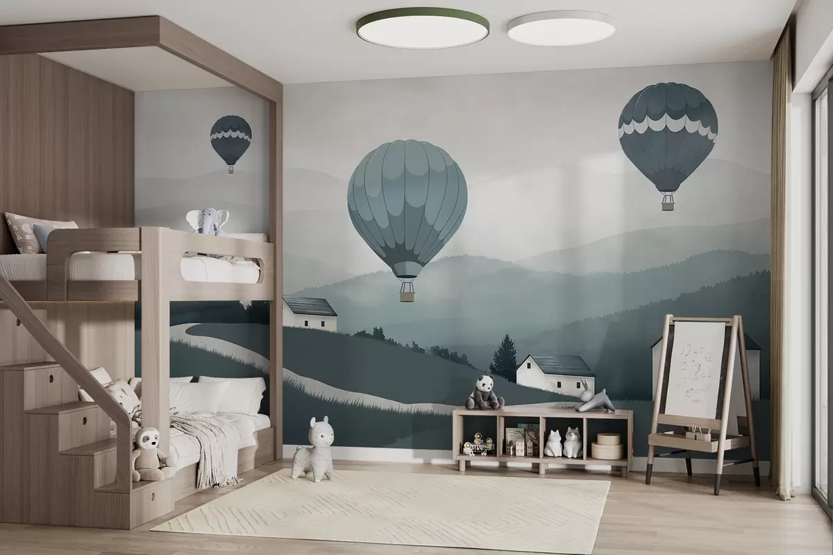 Fototapeedid õhupallid üle maastiku sinistes toonides w01376