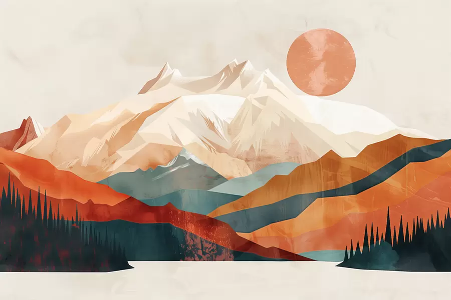 Fototapeedid Boho õndsus: mägede, puude ja päikese rahulik maastik w01358