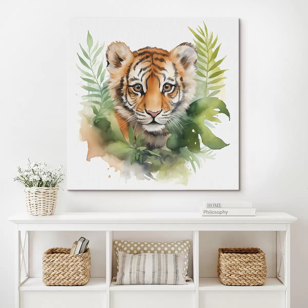 Pilt Tiigri portree akvarellvärvides troopiliste lehtedega s40090