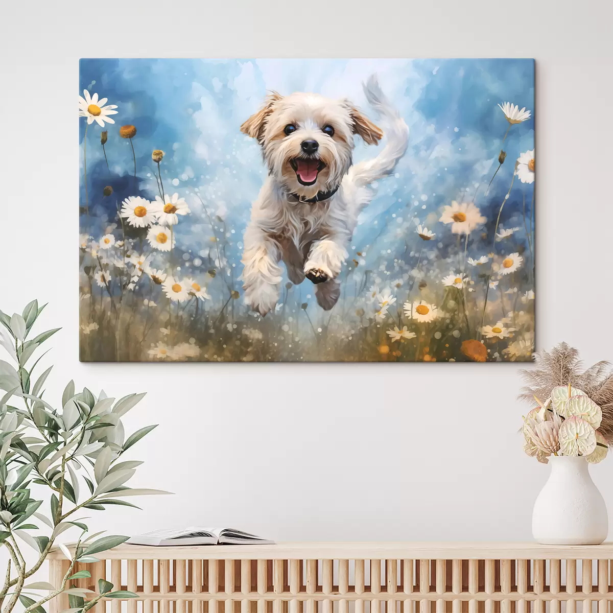 Pilt Väike valge koer hüppab karikakrate vahel sinisel akvarelli taustal s40092