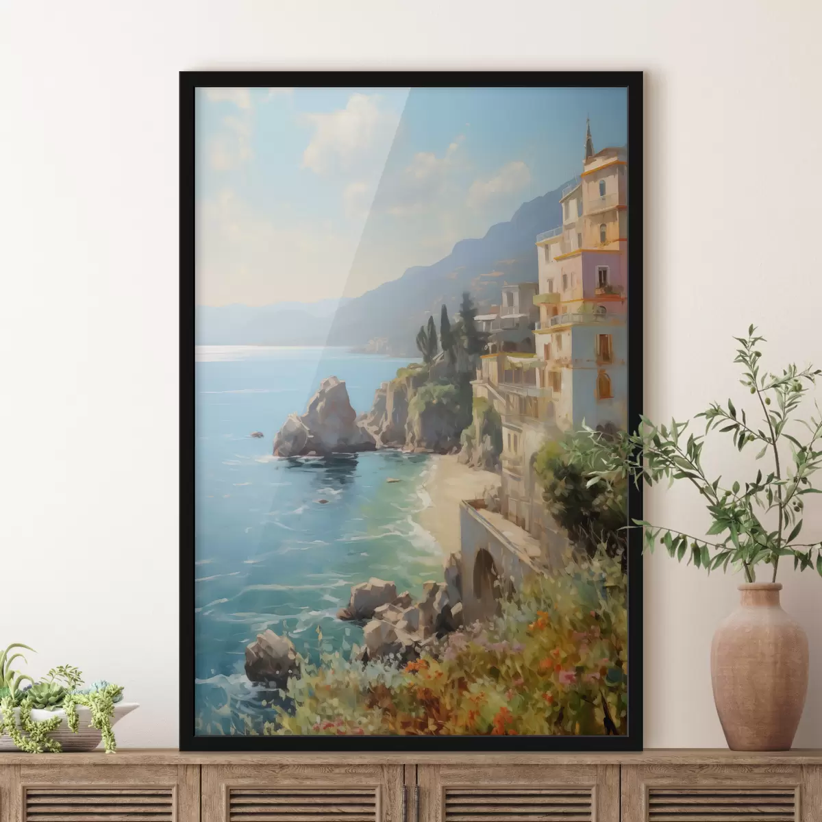 Plakat Hotelli õlimaali imitatsioonist vaade mere lahele, mägedele Itaalias f40088