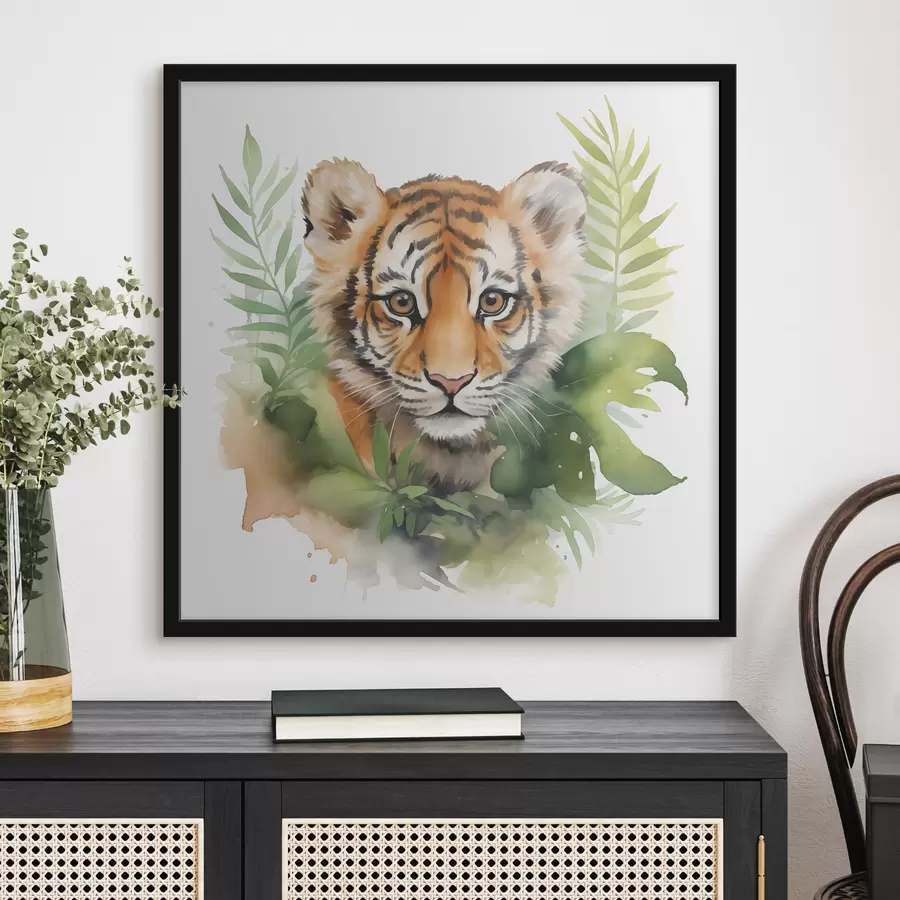 Fototapeedid Tiigri portree troopiliste lehtedega akvarellina f40090