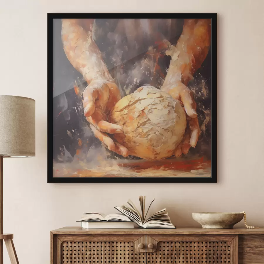 Fototapeedid Pagari käed, mis hoiavad tainast, õlimaali imitatsioon f40095