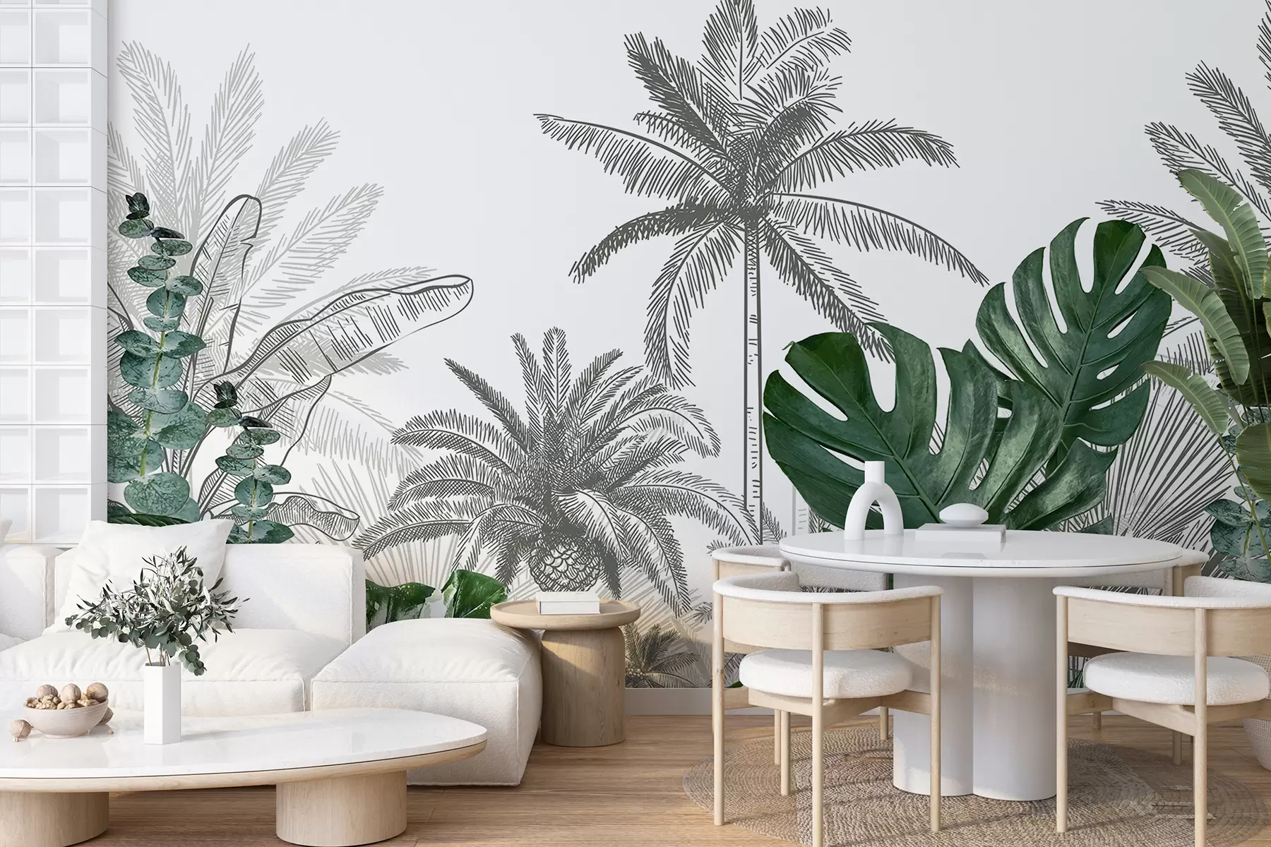 Fototapeedid Troopiline džunglitrükk palmipuude ja suurte roheliste lehtedega, joonistatud vintage botaanilises illustratsioonistiilis w08184