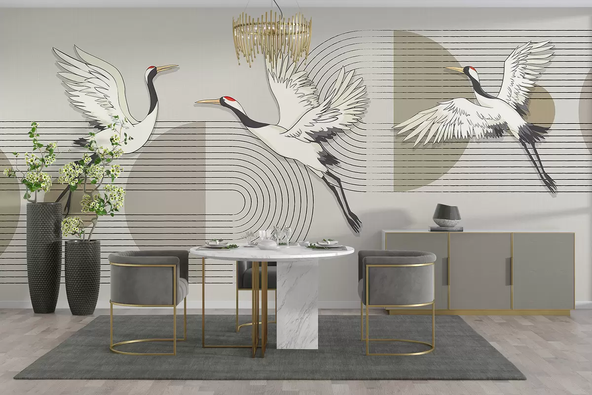 Fototapeedid Kolm valget kraanat lennus kontsentriliste ringidega geomeetrilisel minimalistlikul taustal w08188