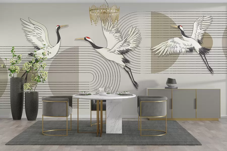 Fototapeedid Kolm valget kraanat lennus kontsentriliste ringidega geomeetrilisel minimalistlikul taustal w08188