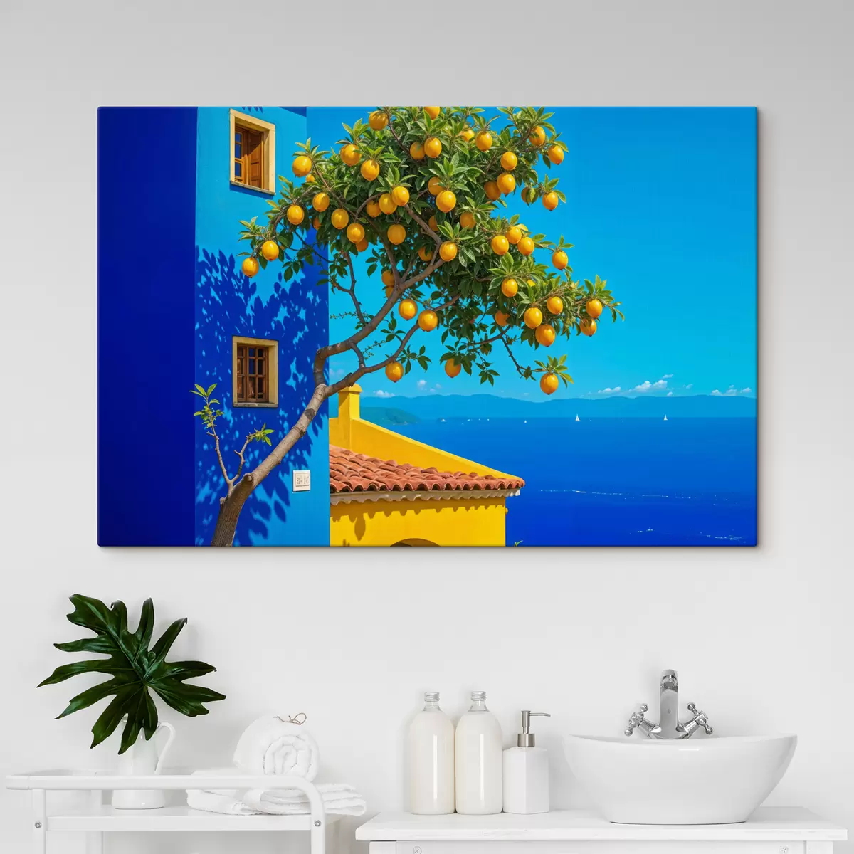 Pilt Ookeanivaatega sinise seina ja kivikatusega hoonel kasvab küpsete viljadega apelsinipuu s40159