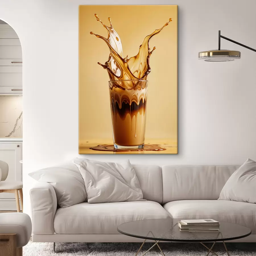 Pilt Dramaatilise pritsmeefektiga kohviga täidetud klaas loob abstraktse ja dünaamilise visuaali s40165