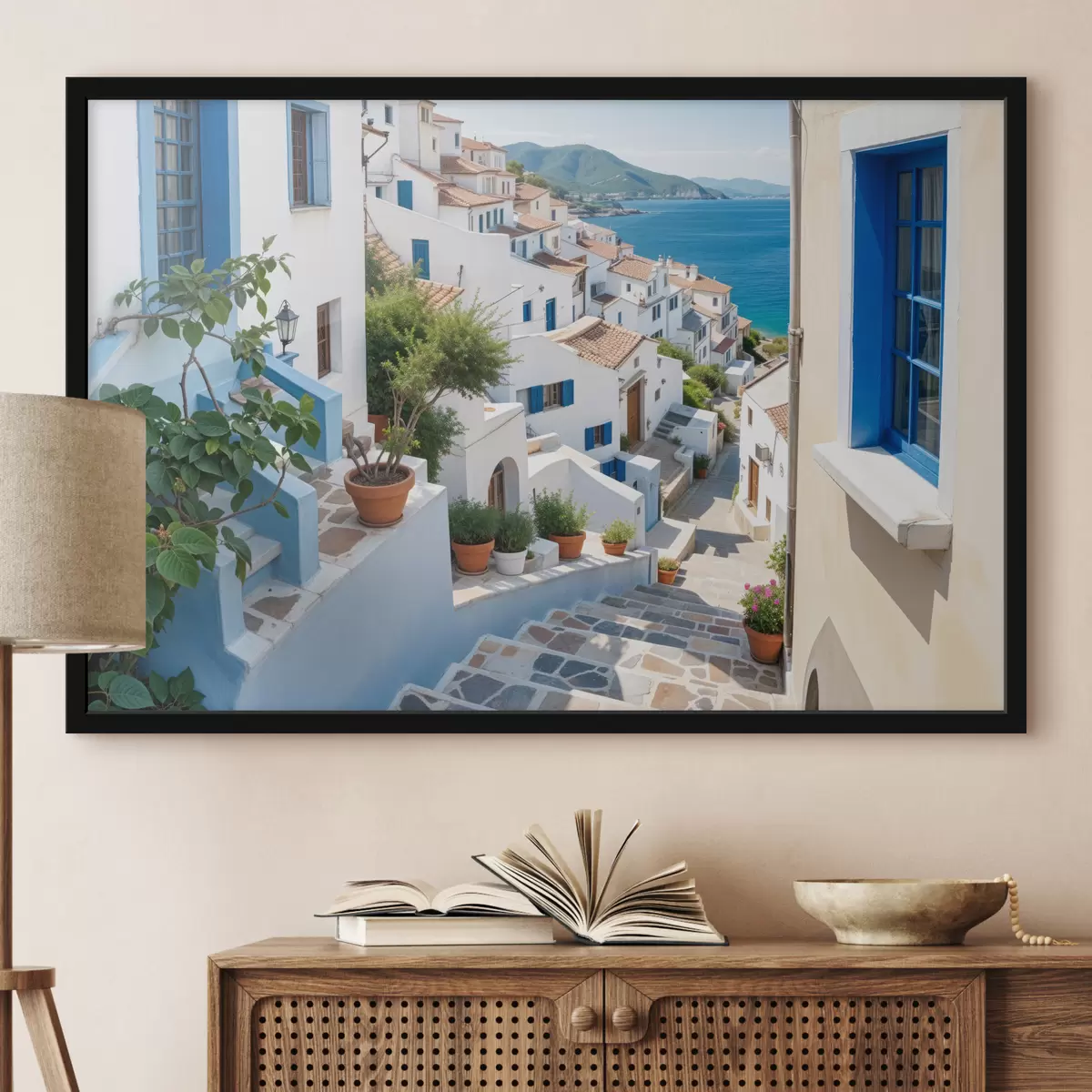 Plakat Maaliline rannikulinn valgete hoonete, siniste akende ja kitsaid tänavaid ääristavate potitaimedega f40148