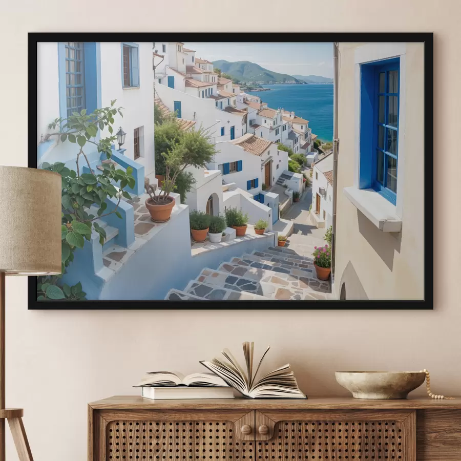 Fototapeedid Maaliline rannikulinn valgete hoonete, siniste akende ja kitsaid tänavaid ääristavate potitaimedega f40148