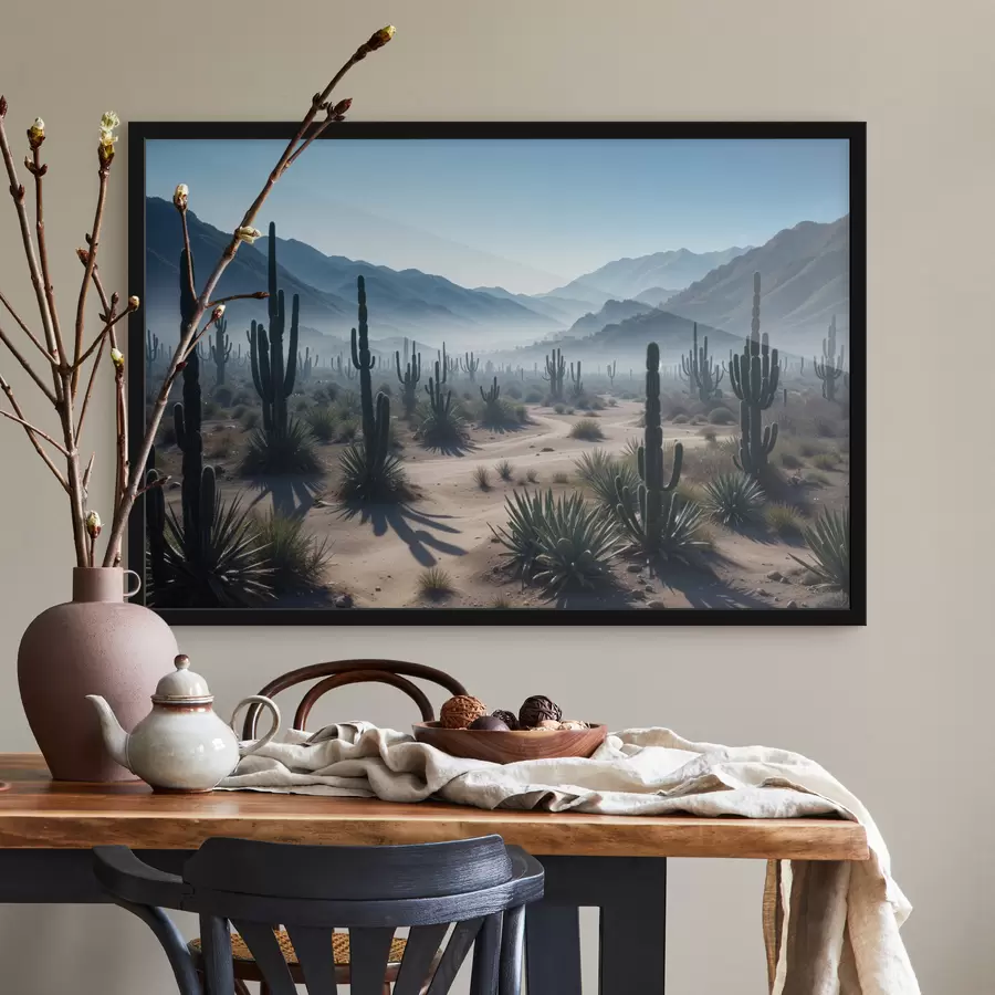 Fototapeedid Kõrbemaastik kõrgete kaktuste ja yucca taimedega esiplaanil, ümbritsetud hägustest mägedest f40153