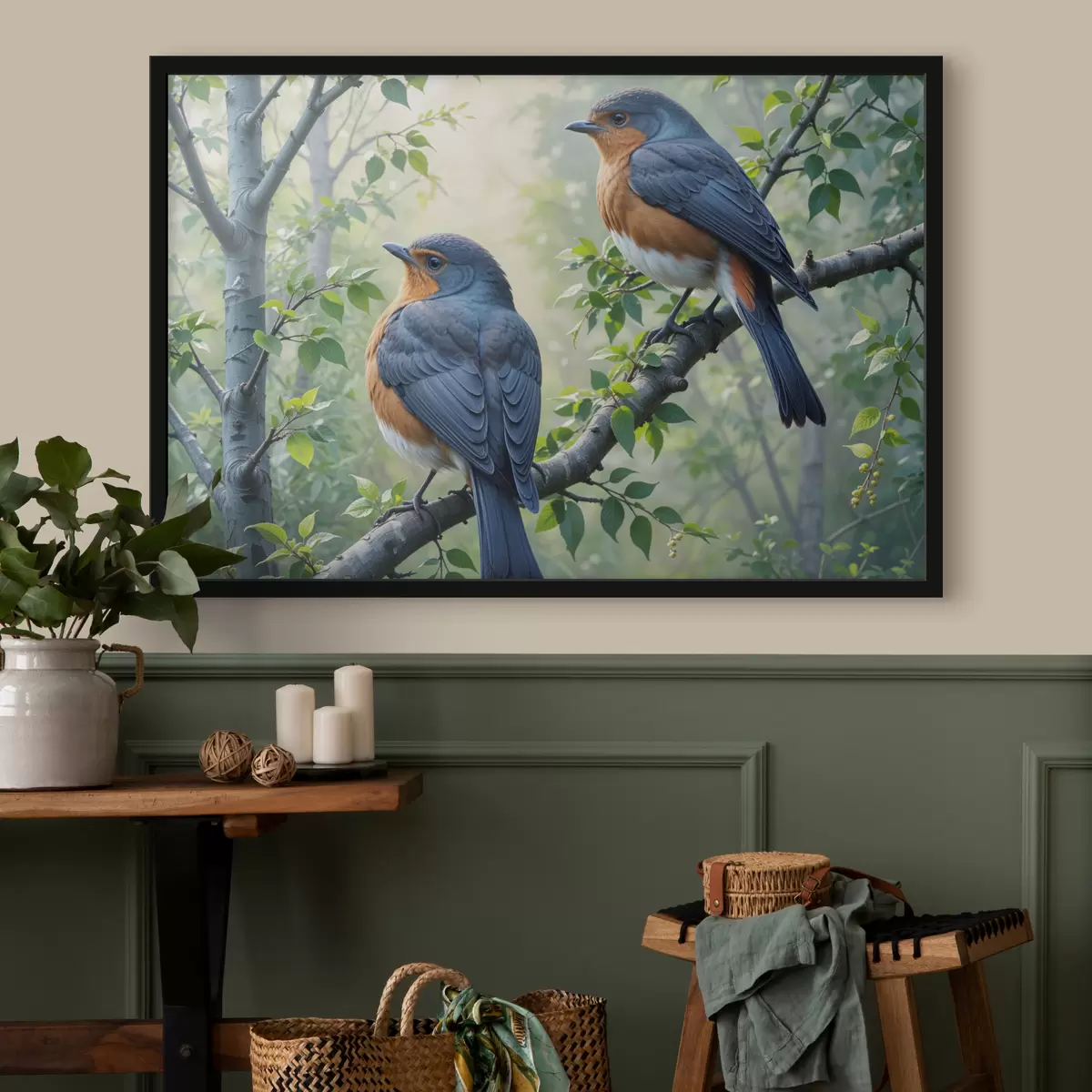 Plakat Kaks sinist ja oranži lindu istuvad puuoksal, taustal rohelised lehed f40156