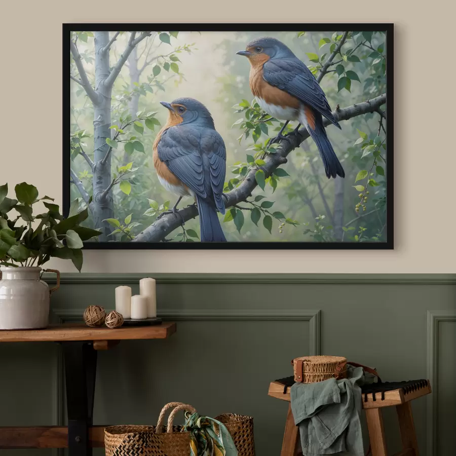 Fototapeedid Kaks sinist ja oranži lindu istuvad puuoksal, taustal rohelised lehed f40156