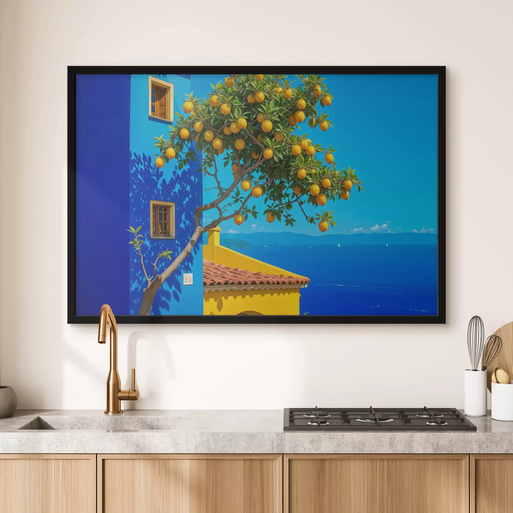 Pilt Ookeanivaatega sinise seina ja kivikatusega hoonel kasvab küpsete viljadega apelsinipuu f40159