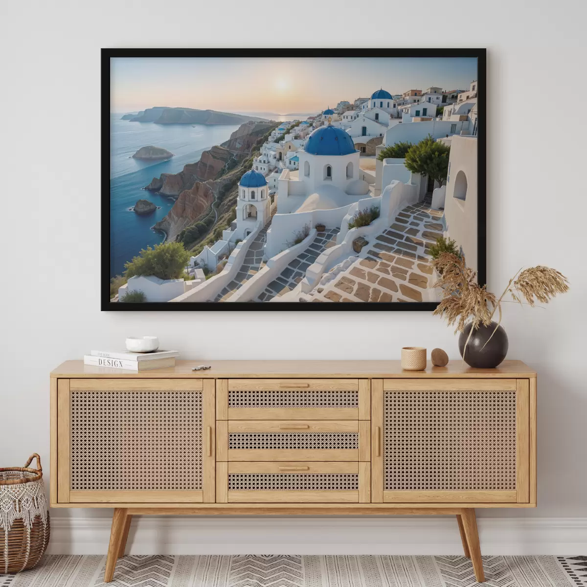 Plakat Santorini saar, Kreeka. Linn on ehitatud mäenõlvale, kust avaneb vaade Egeuse merele f40160