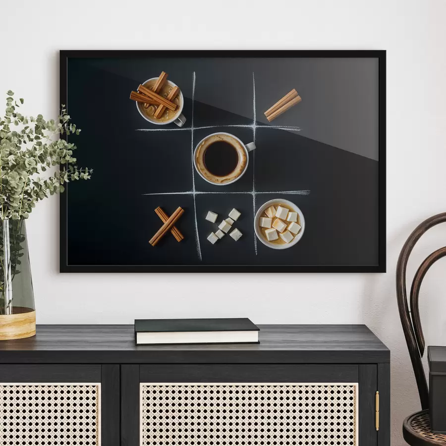 Fototapeedid Tass kohvi kaneelipulkade, suhkrukuubikute ja vahukommidega, mis on paigutatud tic-tac-toe-võrku f40163