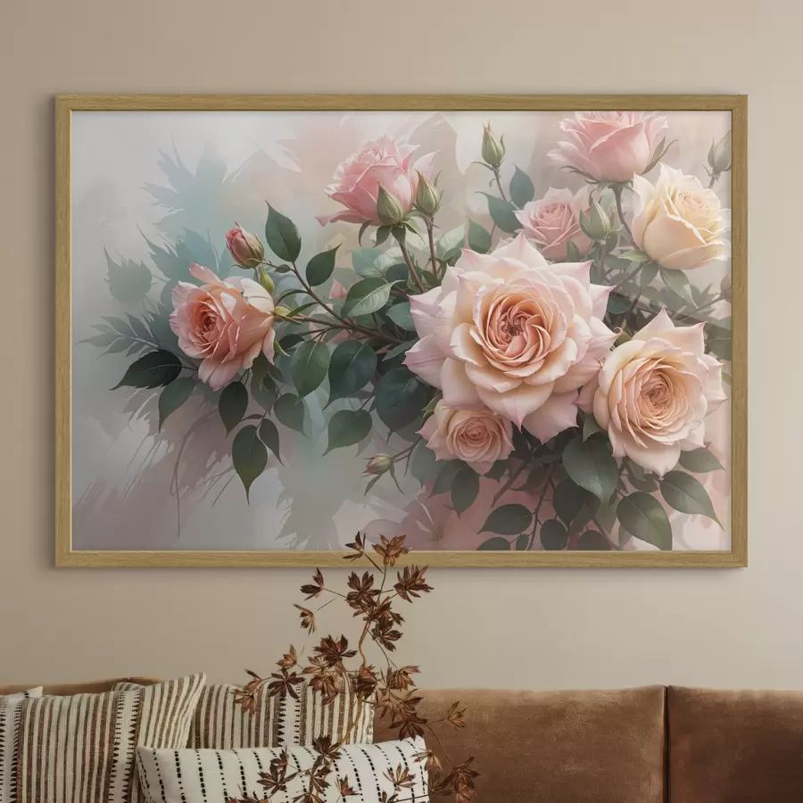 Fototapeedid Roheliste lehtedega kaunite roosade rooside kimp pehmel udusel taustal f40168