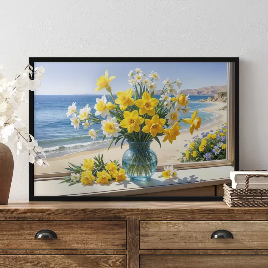 Fototapeedid Kimp kollaseid nartsisse ja valgeid karikakraid klaasist vaasis aknalaual vaatega rannale ja ookeanile f40171