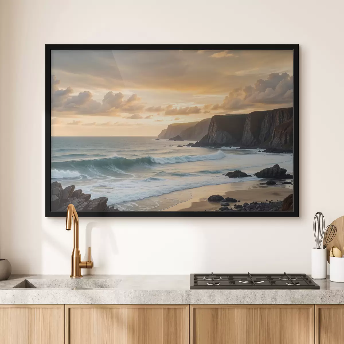 Plakat Maaliline rannikumaastik dramaatiliste kaljude, põrkuvate lainete ja värvilise päikeseloojangutaevaga f40176