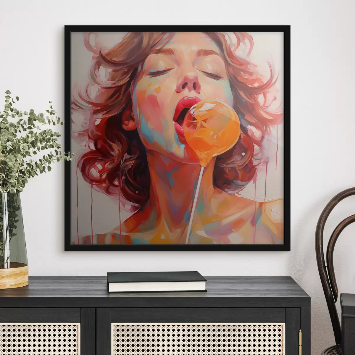 Plakat Lokkis juustega heledates toonides tüdruk limpsutab lollipopi f40213