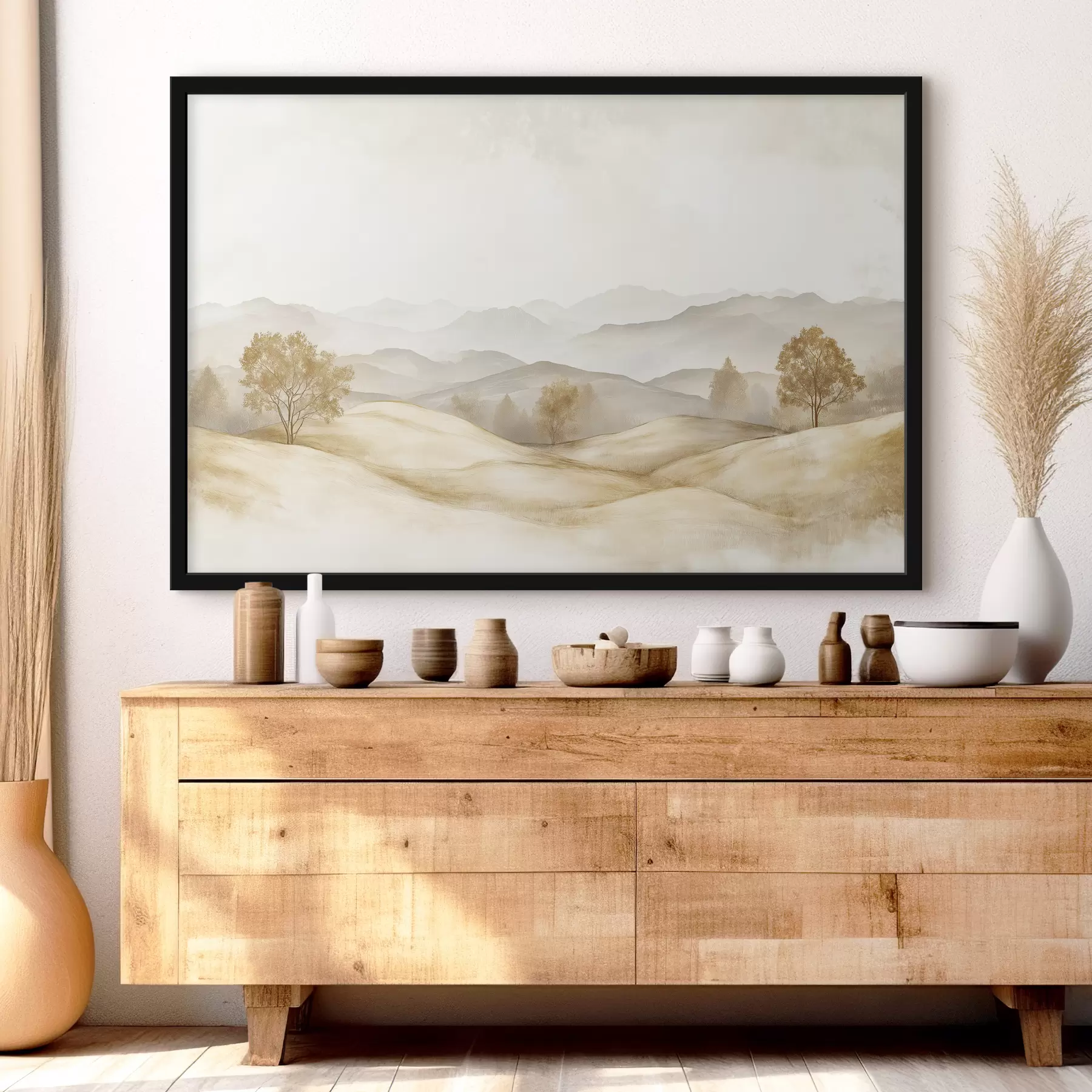 Pilt Loodusmaastik beežis värvipaletis, heinamaa, puud, akvarelljoonistus f40231