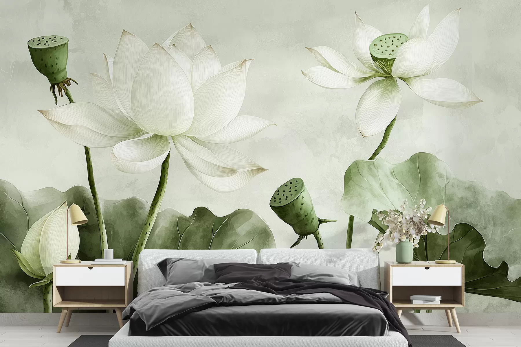 Fototapeedid Lootoseõied, akvarell, loodus, lillekompositsioon, suured lehed, pehmed rohelised värvid w01445v2