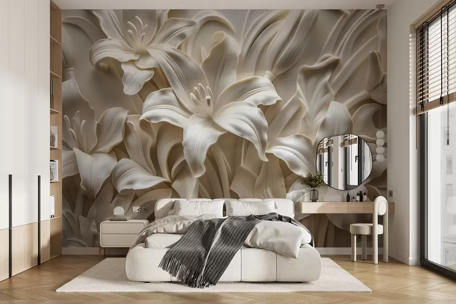 Fototapeedid Elegantne beež 3D reljeef nikerdatud liiliatest w01433