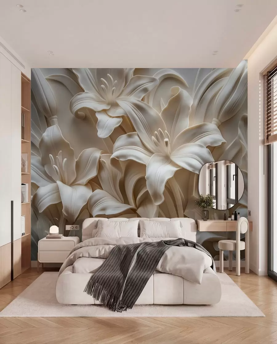 Fototapeedid Elegantne beež 3D reljeef nikerdatud liiliatest w01433
