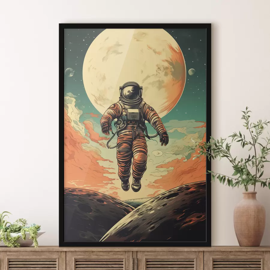 Fototapeedid Astronaut jookseb asteroidil, kuu taustal, sinine, punane ja oranž f40313