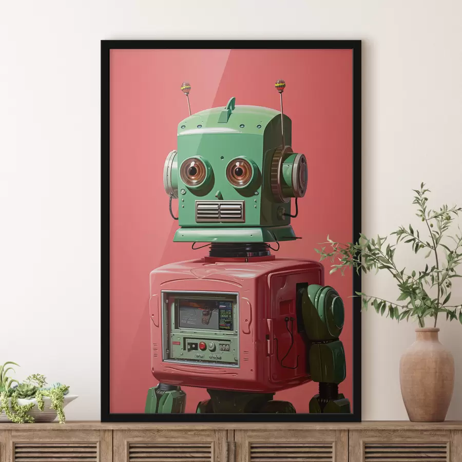 Pilt Rohelise peaga Android-robot roosal taustal f40314