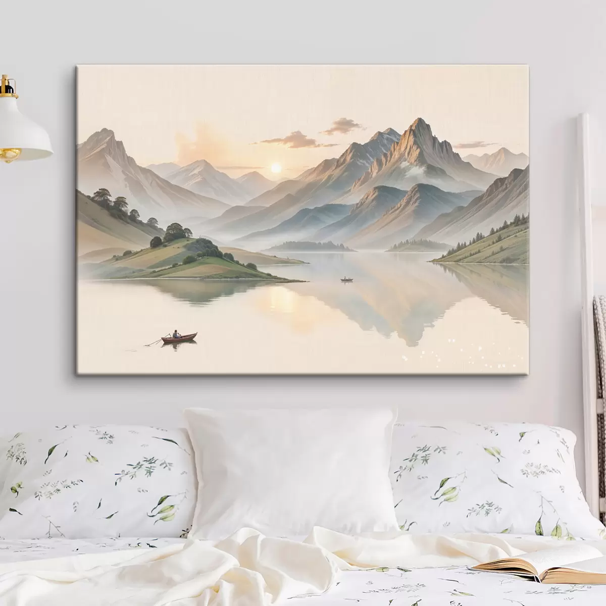 Pilt Rahulik maastik, mille taustal järv peegeldab mägesid ja väike paat vaiksel veekogul s40391