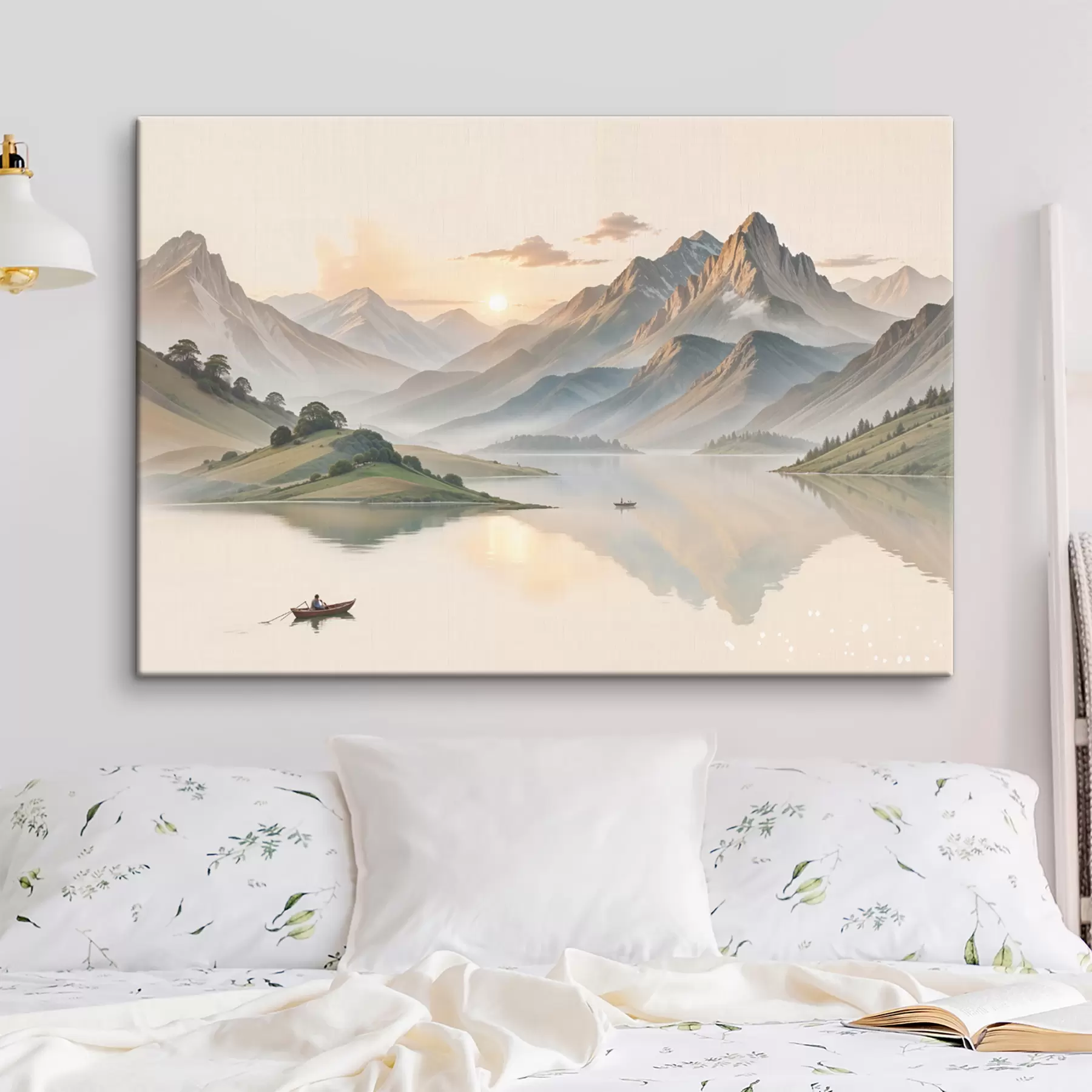 Fototapeedid Rahulik maastik, mille taustal järv peegeldab mägesid ja väike paat vaiksel veekogul s40391