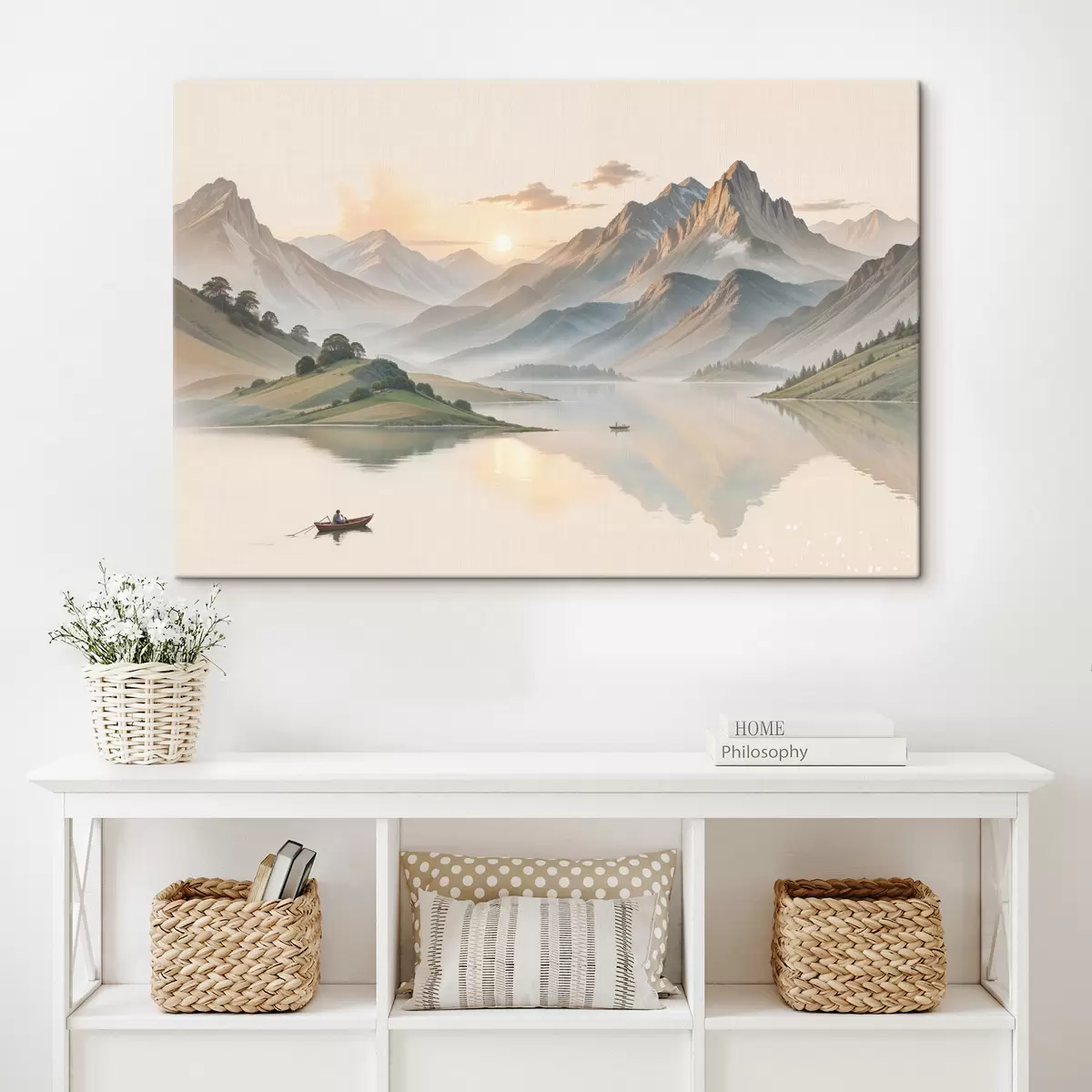 Pilt Rahulik maastik, mille taustal järv peegeldab mägesid ja väike paat vaiksel veekogul s40391