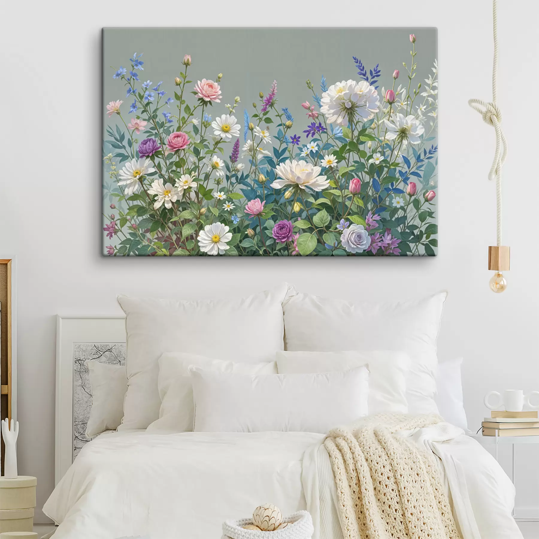 Fototapeedid Lopsakas elav aed, mis on täis erinevaid värvilisi lilli ja õitsvaid taimi hallil taustal s40393