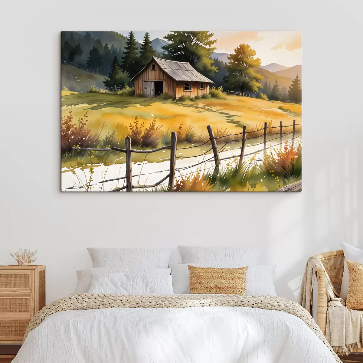 Pilt Vana puumaja maapiirkonnas, ümbritsetud rohuväljade, männipuude ja mägedega s40394